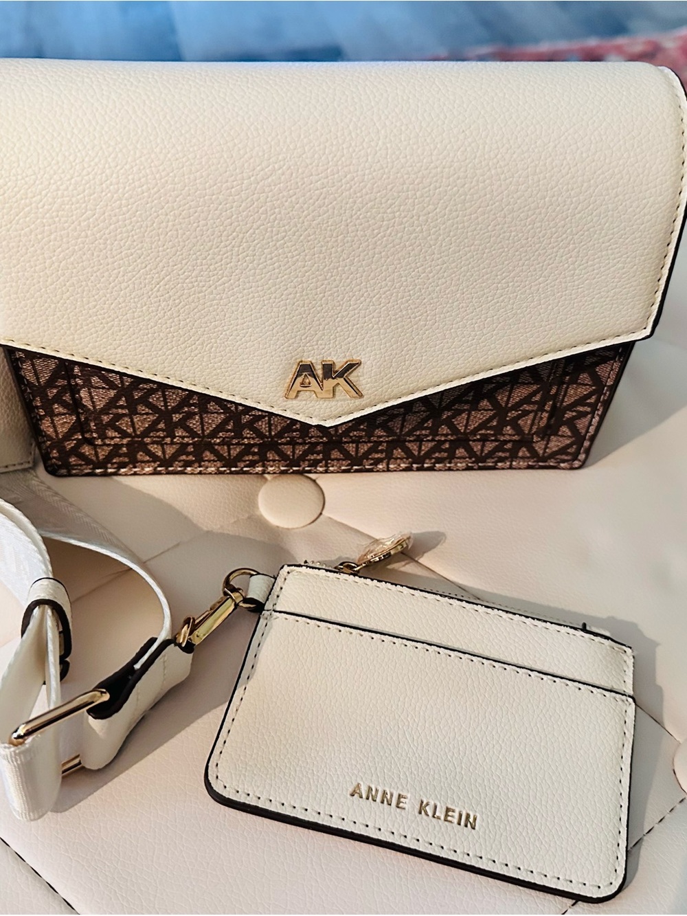 Anne Klein Cream and Brown Logo Panel Envelope Crossbody